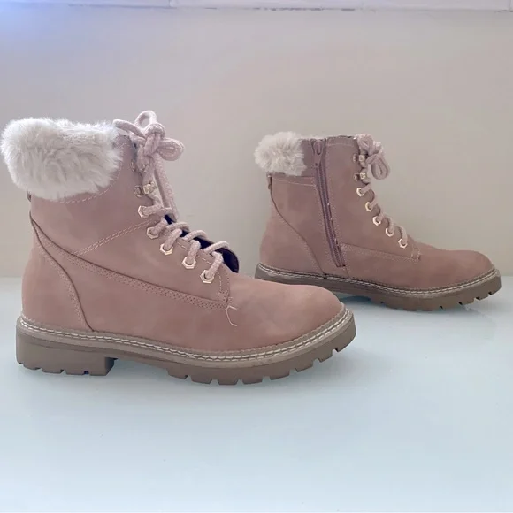 Steve Madden Peachy Tan Faux Fur-Lined Lace Combat Walking Ankle Boots Size 8 M - Picture 5 of 14